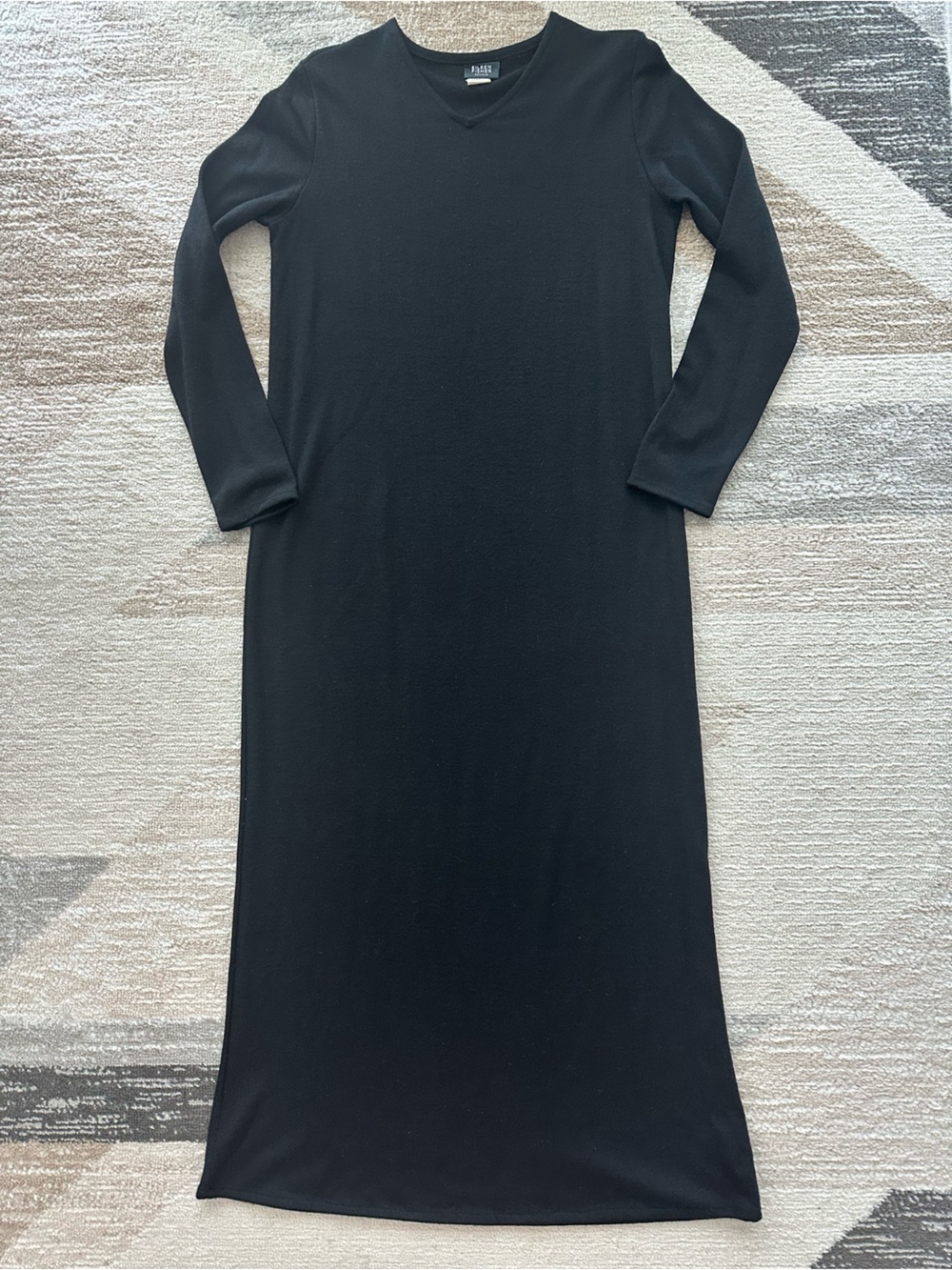 Eileen Fisher Vintage Minimalist 100% Wool Black Long-Sleeve V-Neck Maxi Dress